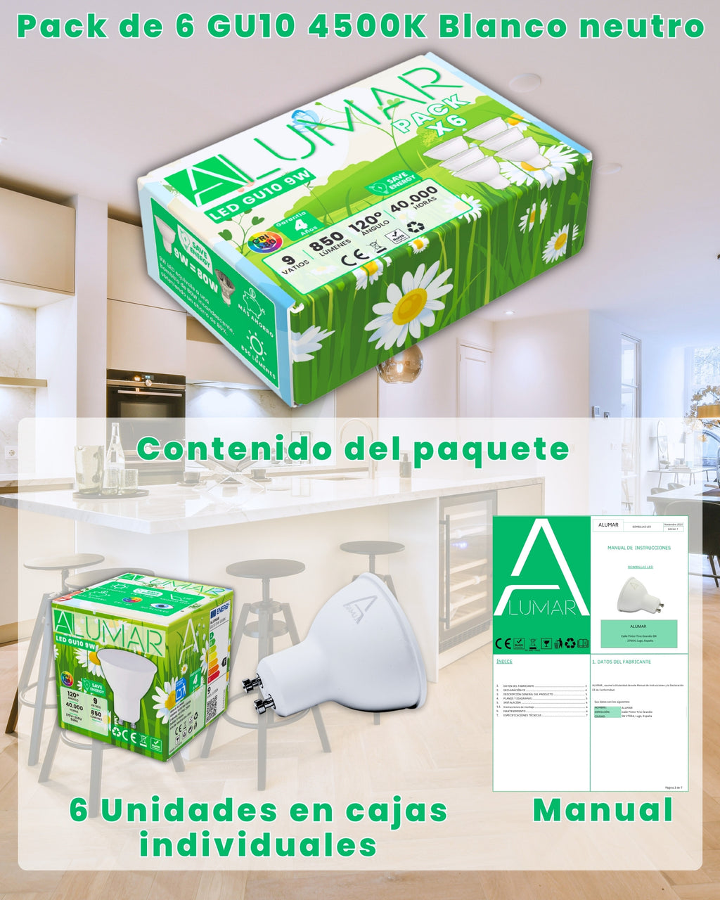 Pack de 6 bombillas LED GU10 9W 4500K Blanco neutro ALUMAR en cajas individuales con manual