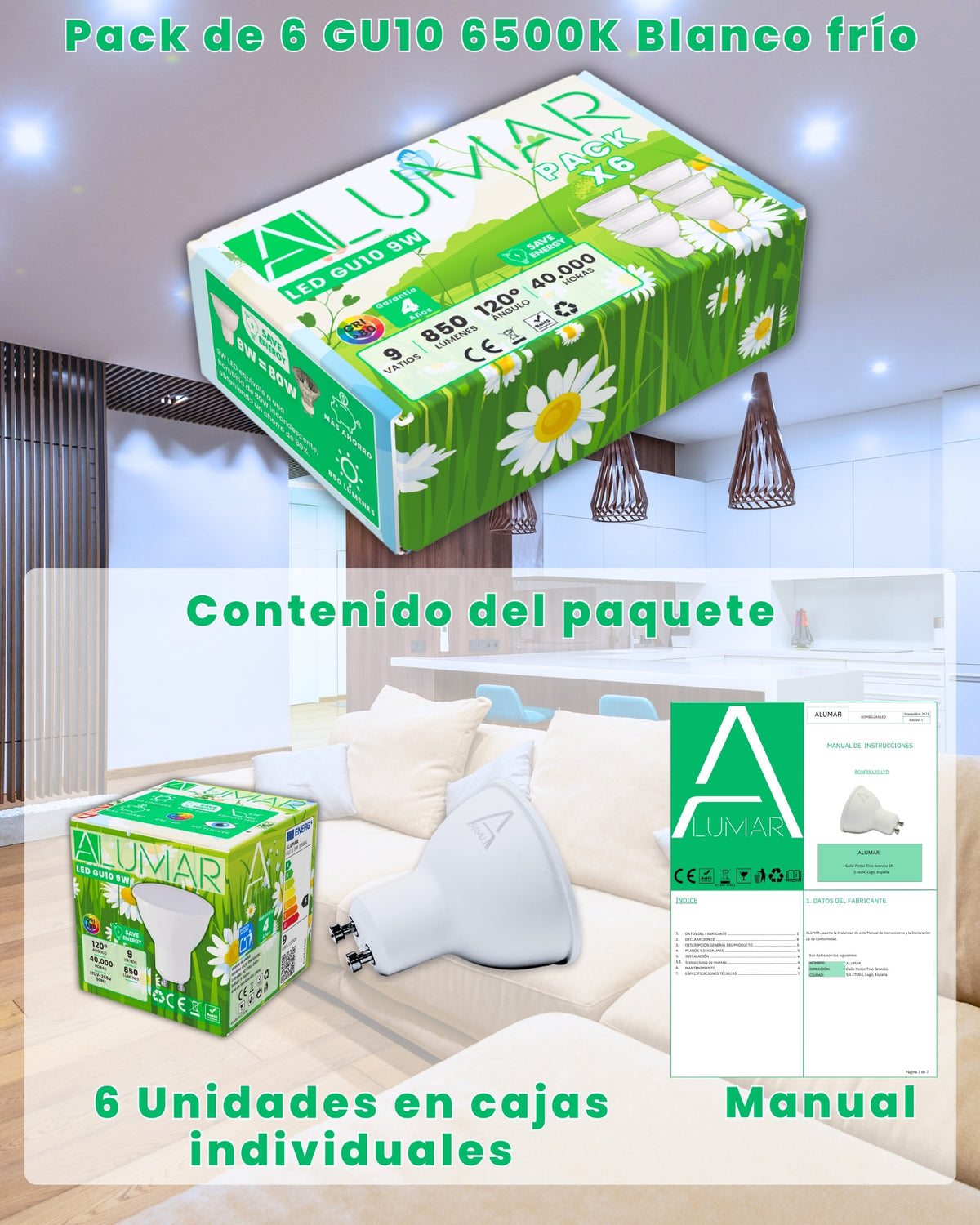 Pack de 6 bombillas LED GU10 9W 6500K Blanco frío ALUMAR en cajas individuales con manual