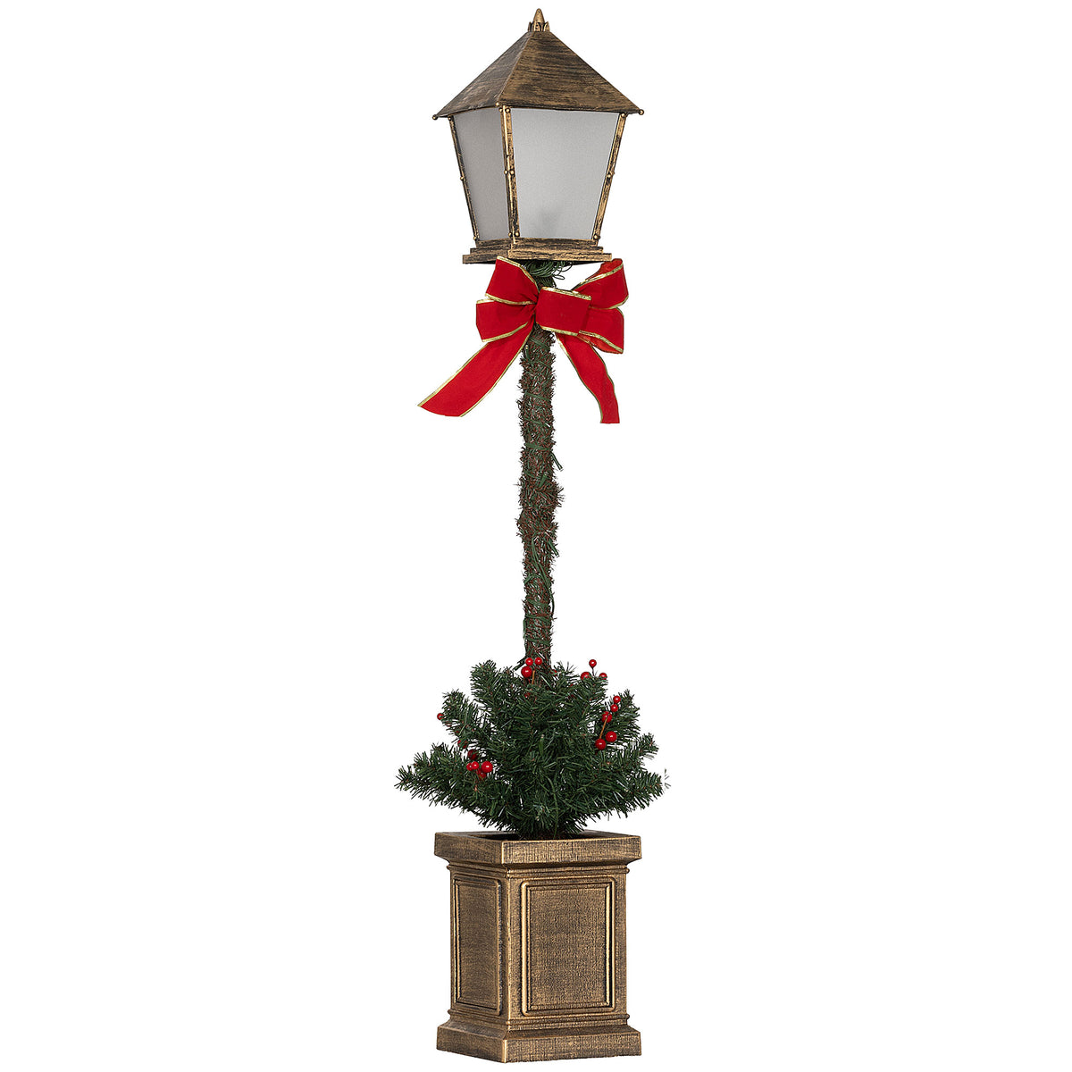 Farol de Navidad LED con linterna de bronce, lazo rojo y pequeño árbol verde en una maceta, vista frontal sobre fondo blanco