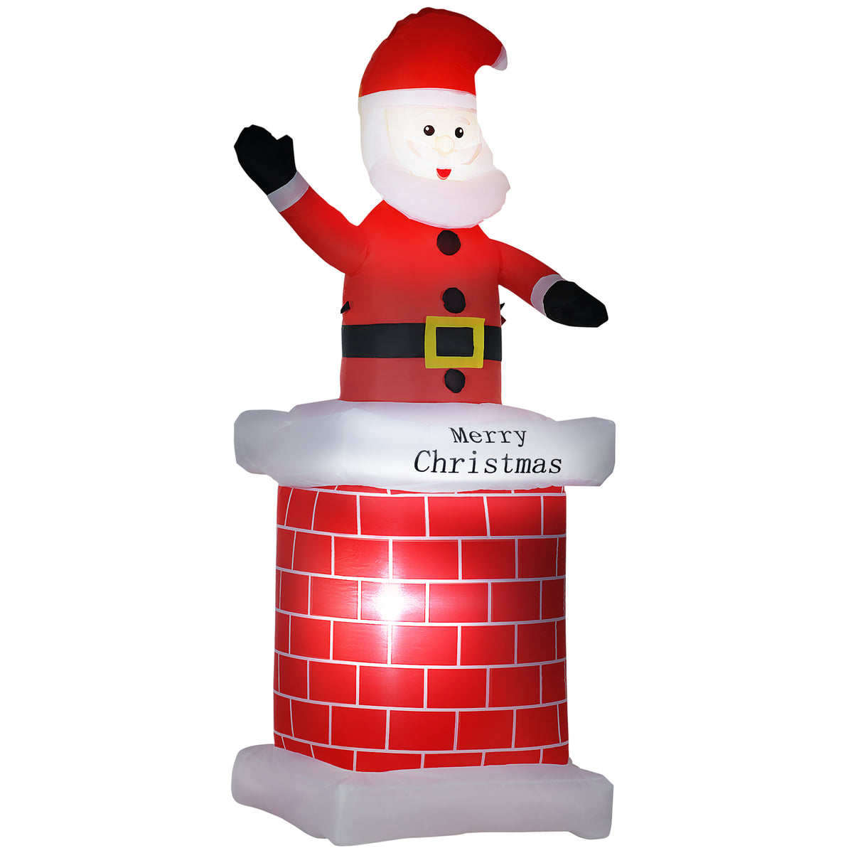 Papá Noel hinchable en chimenea de 210 cm saludando, vista de frente sobre fondo blanco