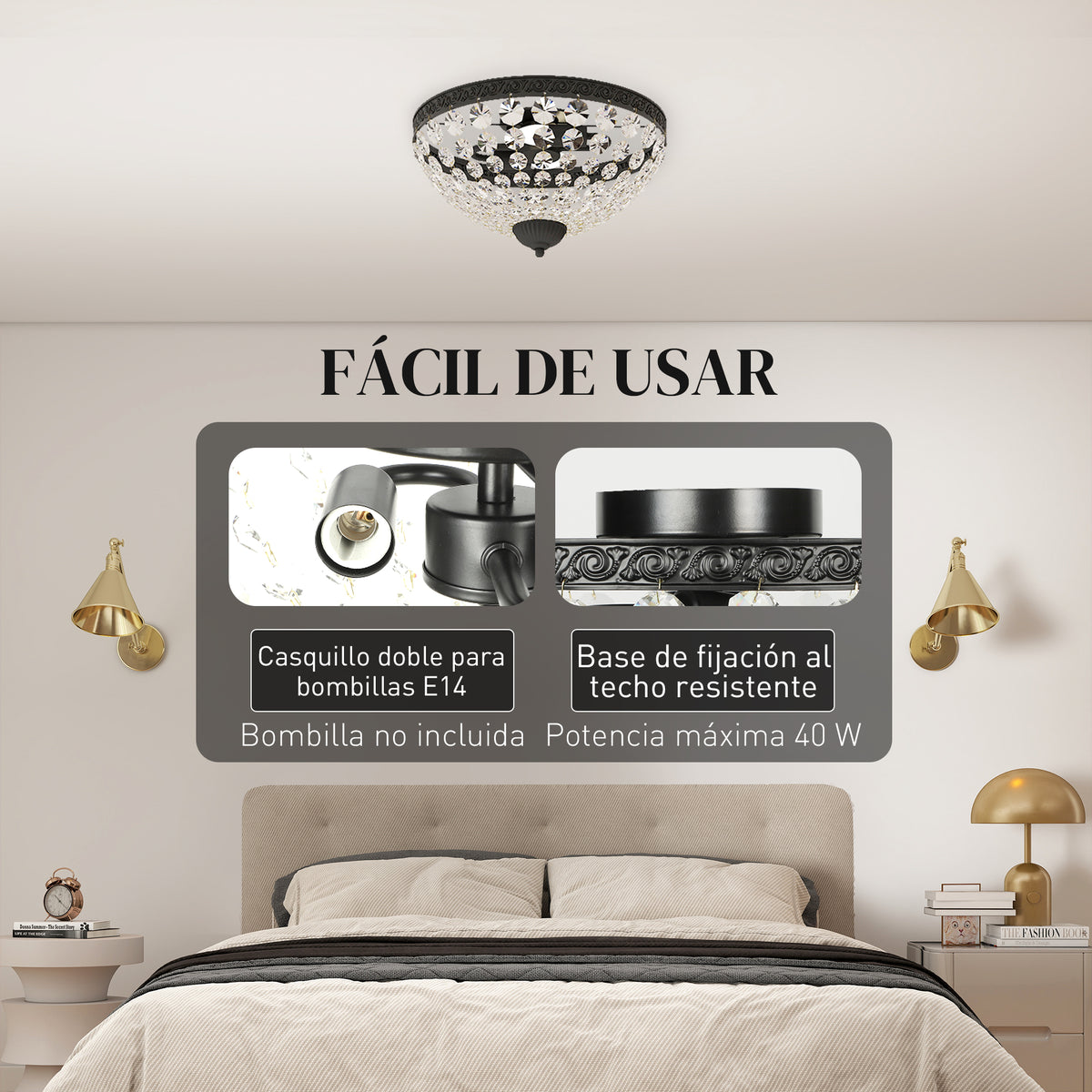 Plafón de cristal fácil de usar en un dormitorio