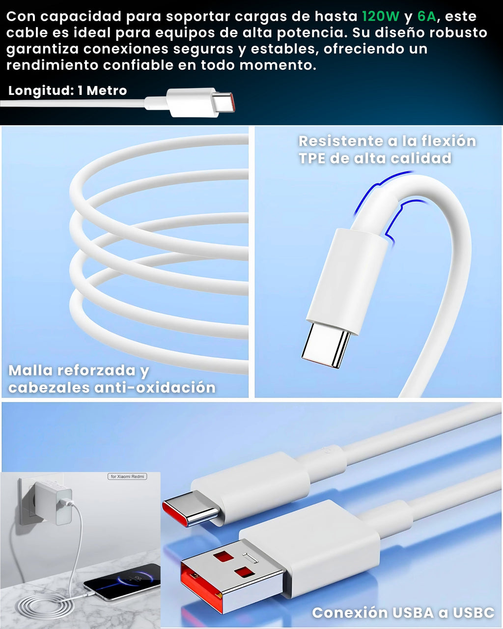 Cable USB-A a USB-C de 1 metro incluido con el cargador ALUMAR 120W