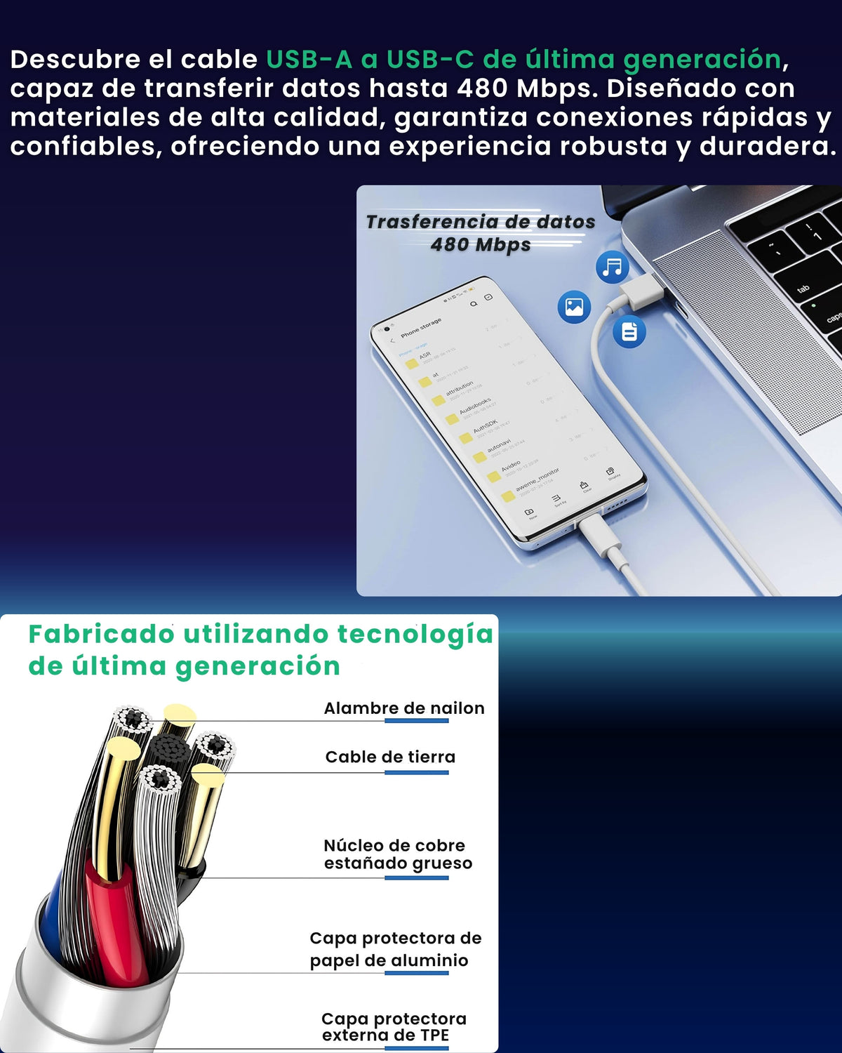 Detalle del cable trenzado y resistente incluido con el cargador ALUMAR 120W