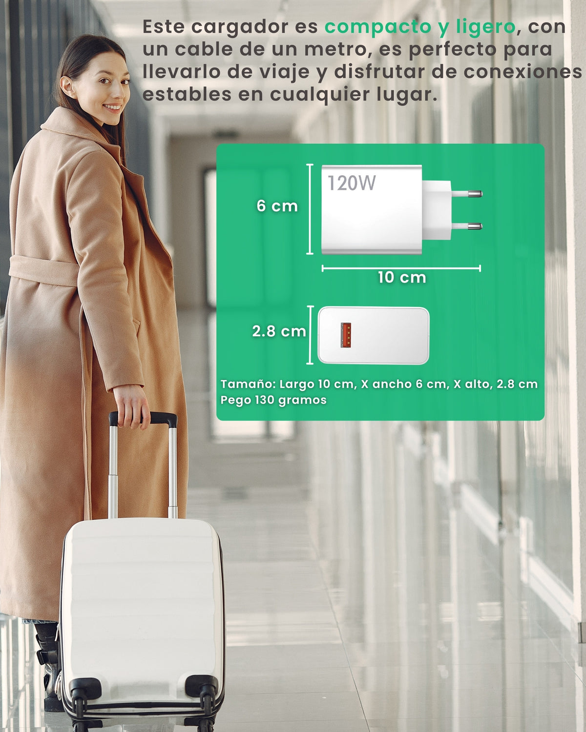 Cargador ALUMAR 120W compacto y ligero, ideal para llevar de viaje