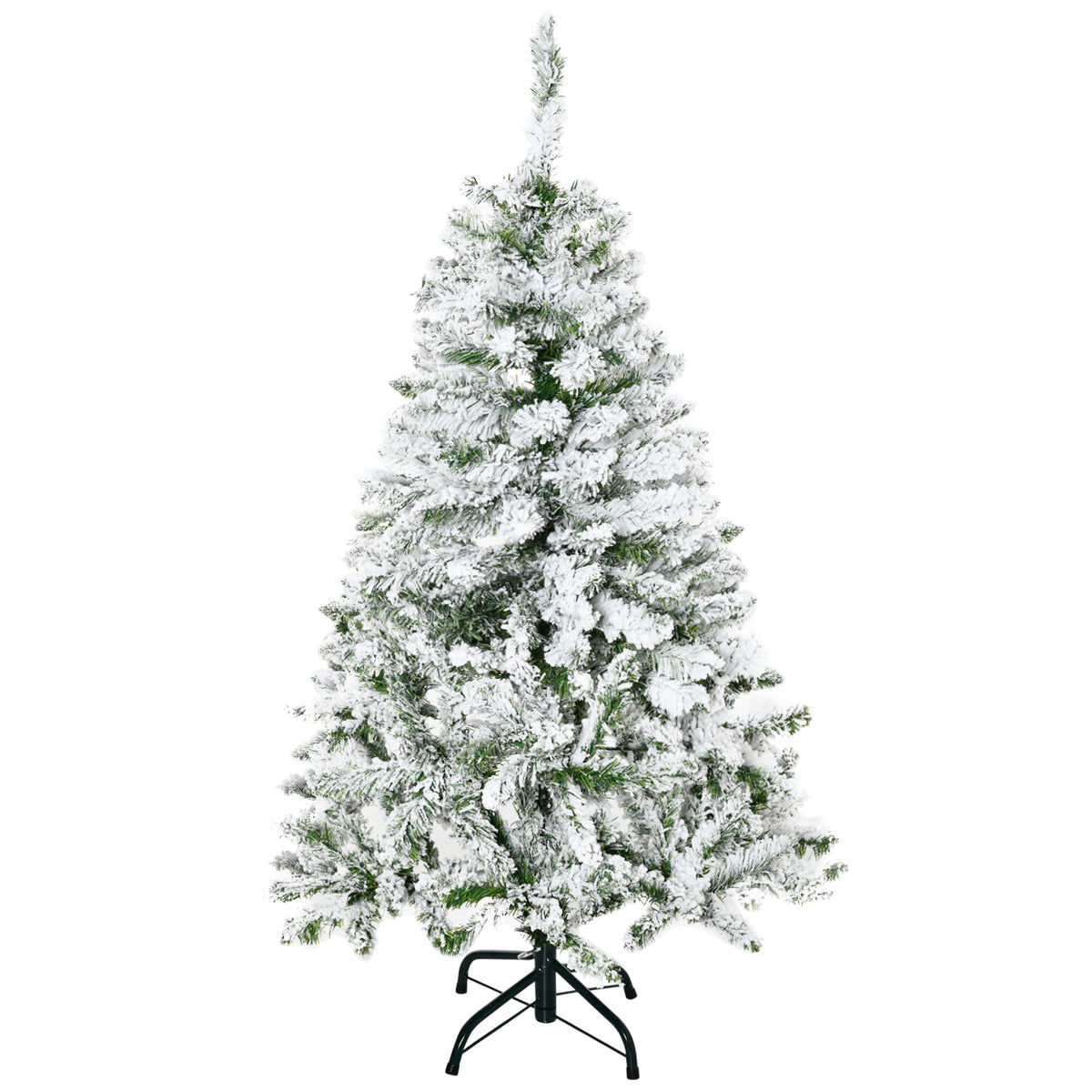 Árbol de Navidad nevado con base de metal, vista frontal
