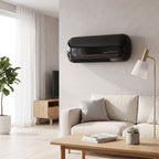 Calefactor de pared negro en un dormitorio