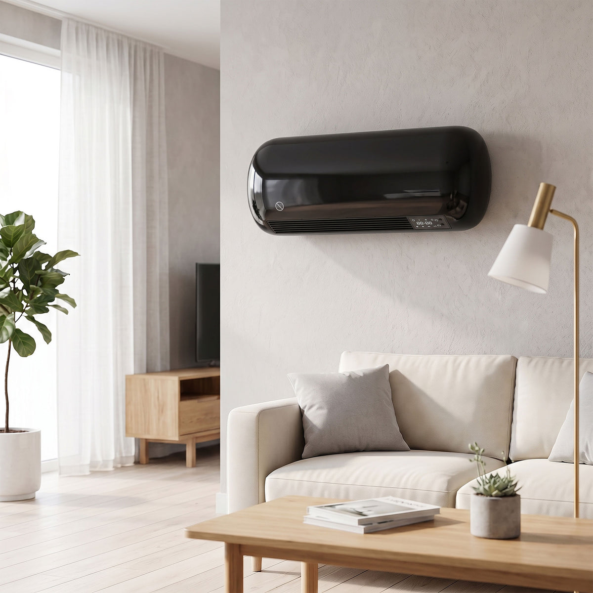 Calefactor de pared negro en un dormitorio