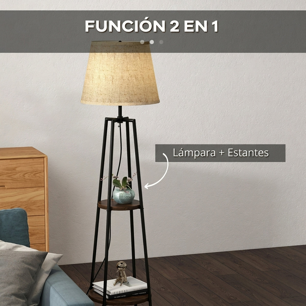 Lámpara de pie con 2 estantes y pantalla de tela, vista 5