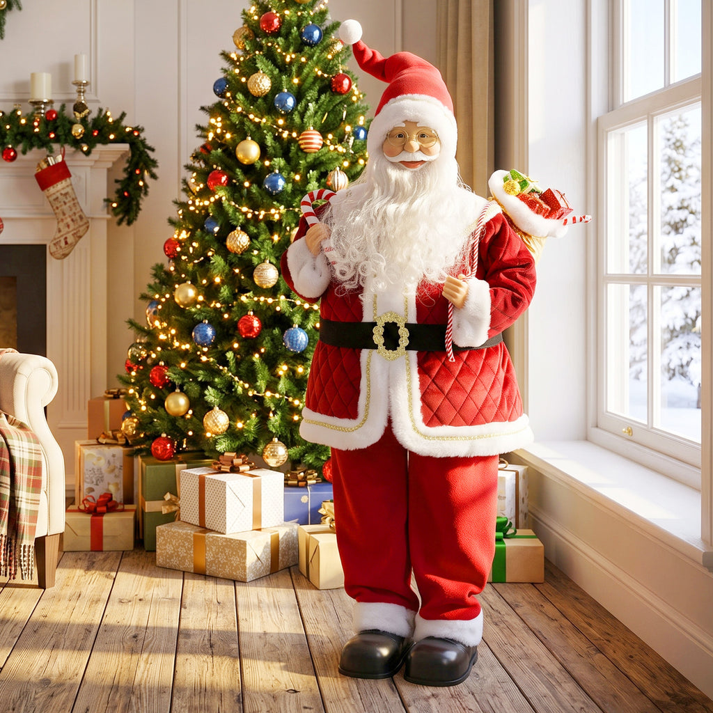 Papá Noel animado de 120 cm junto a una ventana, un árbol de Navidad y regalos