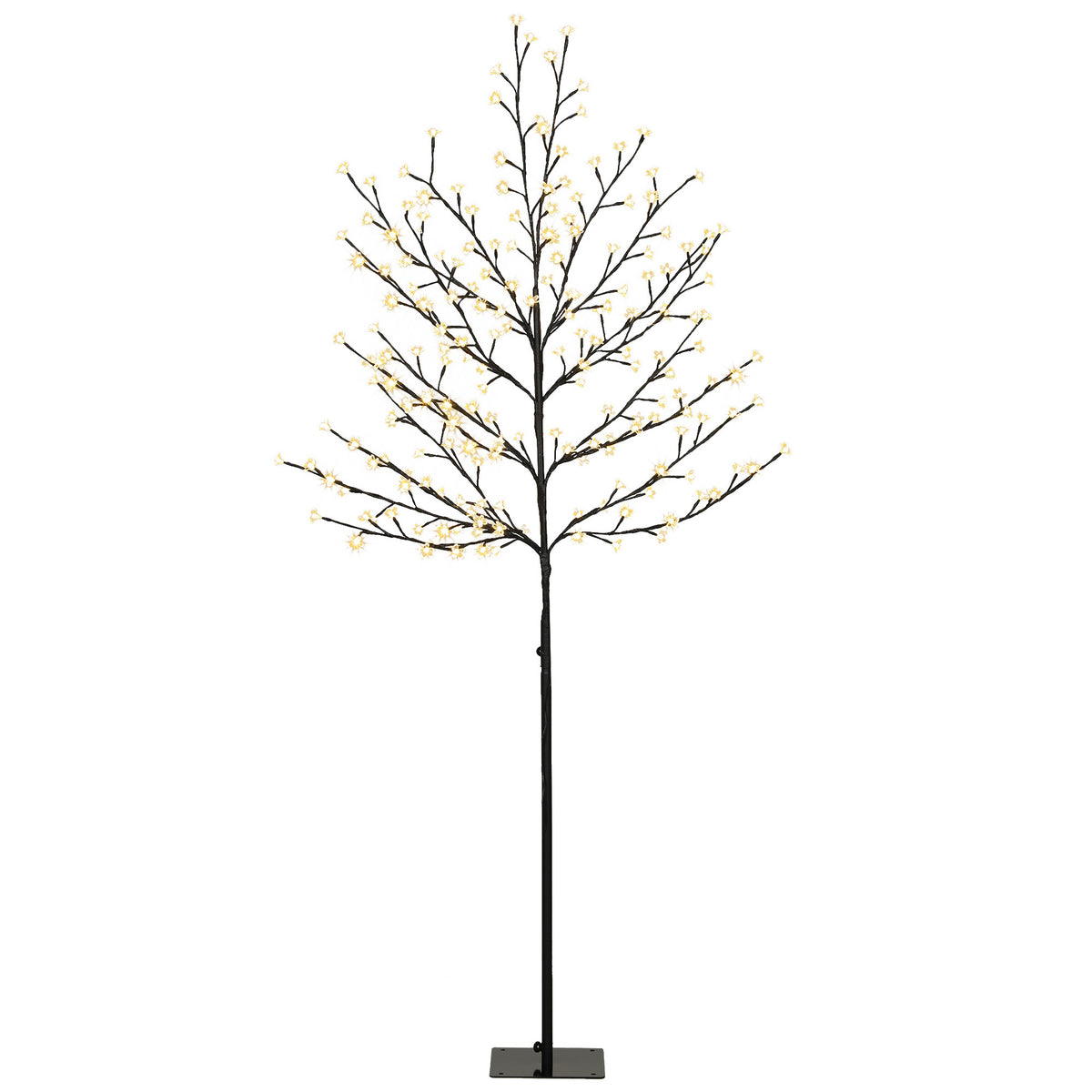 Árbol de cerezo luminoso de 180 cm con luces encendidas y base negra sobre fondo blanco