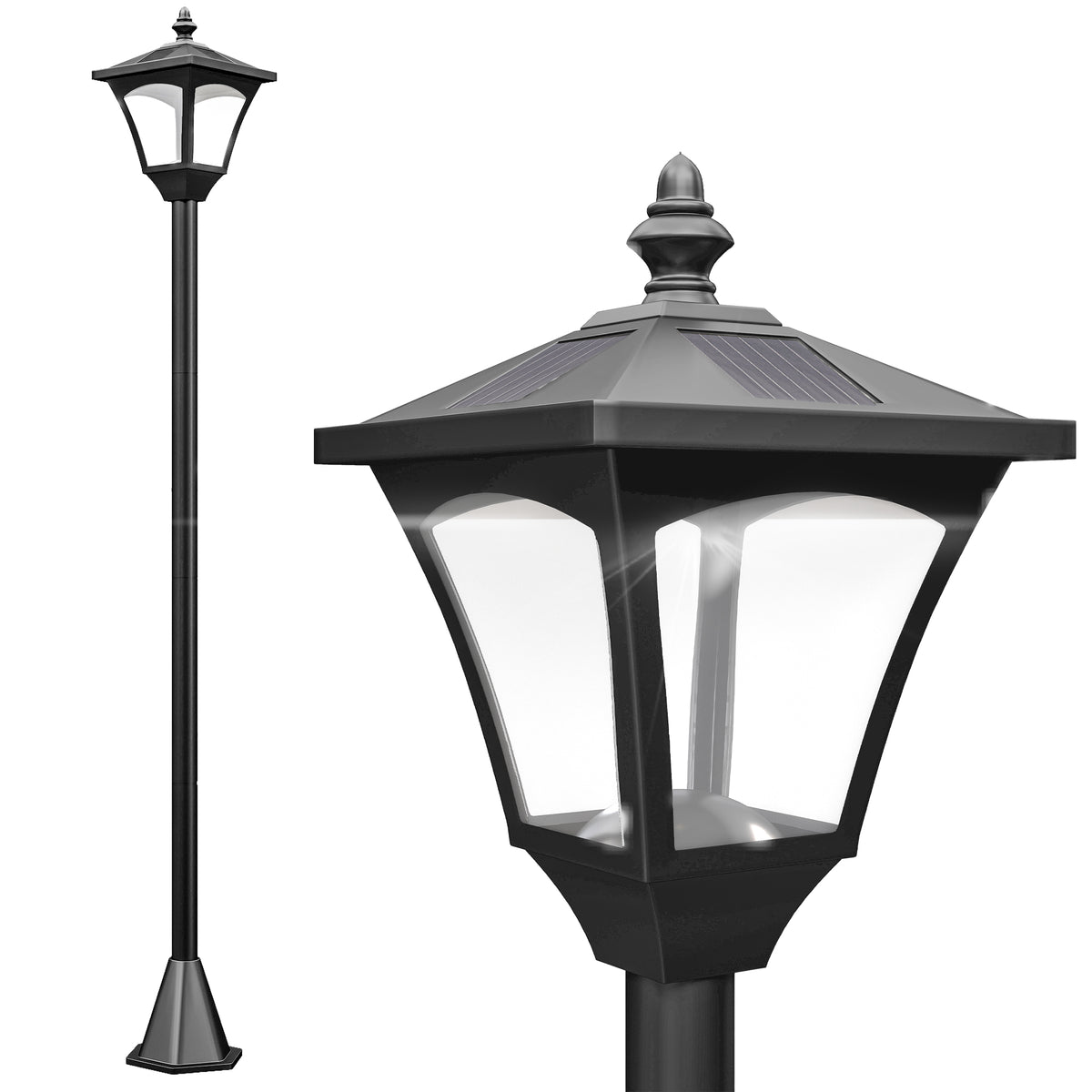 Farol solar clásico de jardín negro sobre fondo blanco