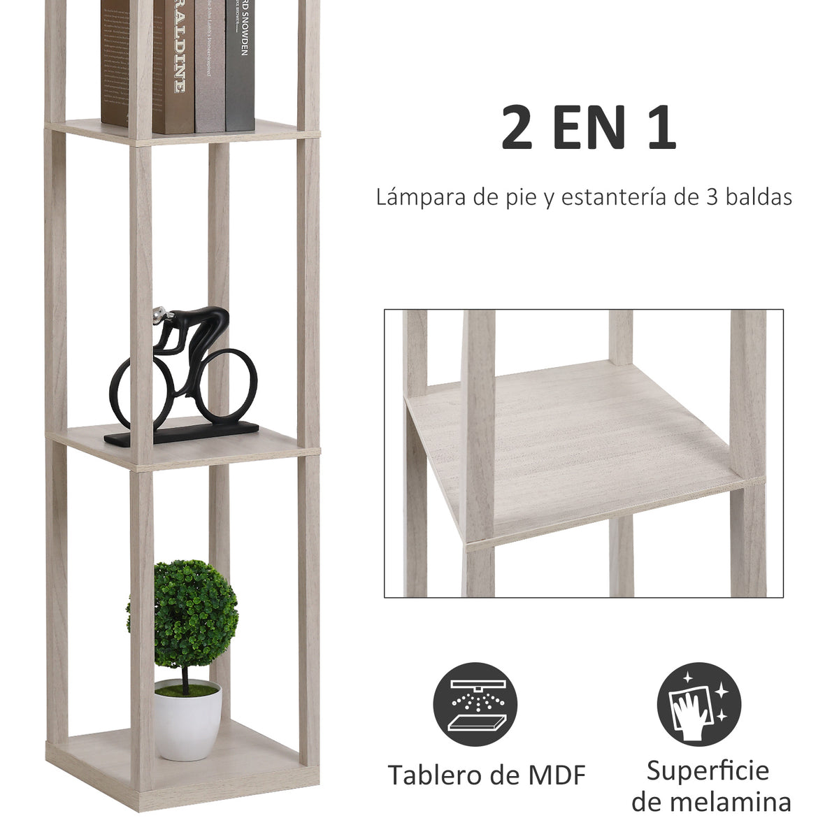 Lámpara de pie en roble con estantería de 3 baldas, vista 4