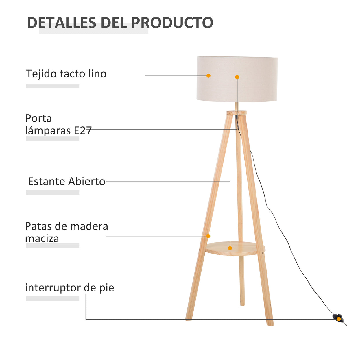 Lámpara de pie trípode con pantalla beige, vista 4