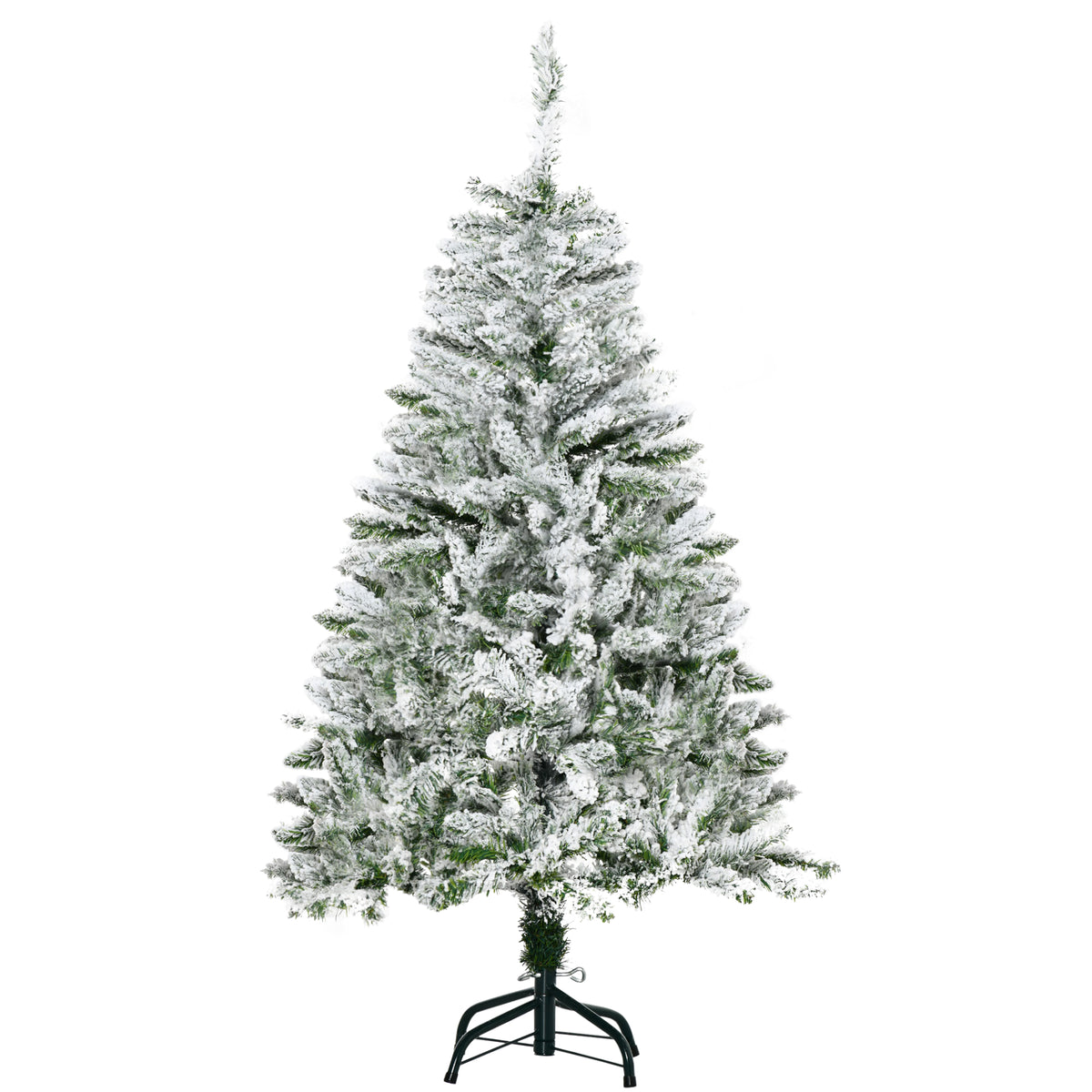Árbol de Navidad nevado con base de metal, vista lateral