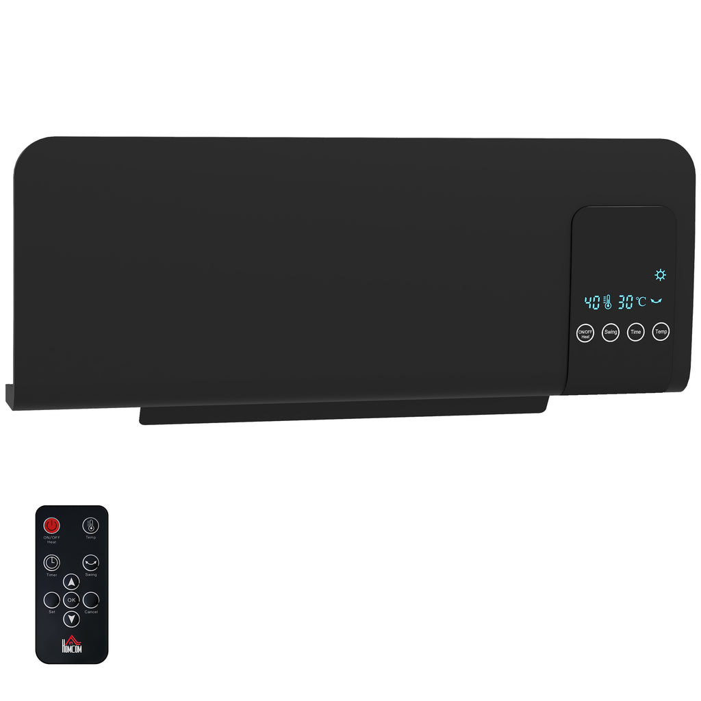 Calefactor eléctrico de pared negro con pantalla LED sobre fondo blanco