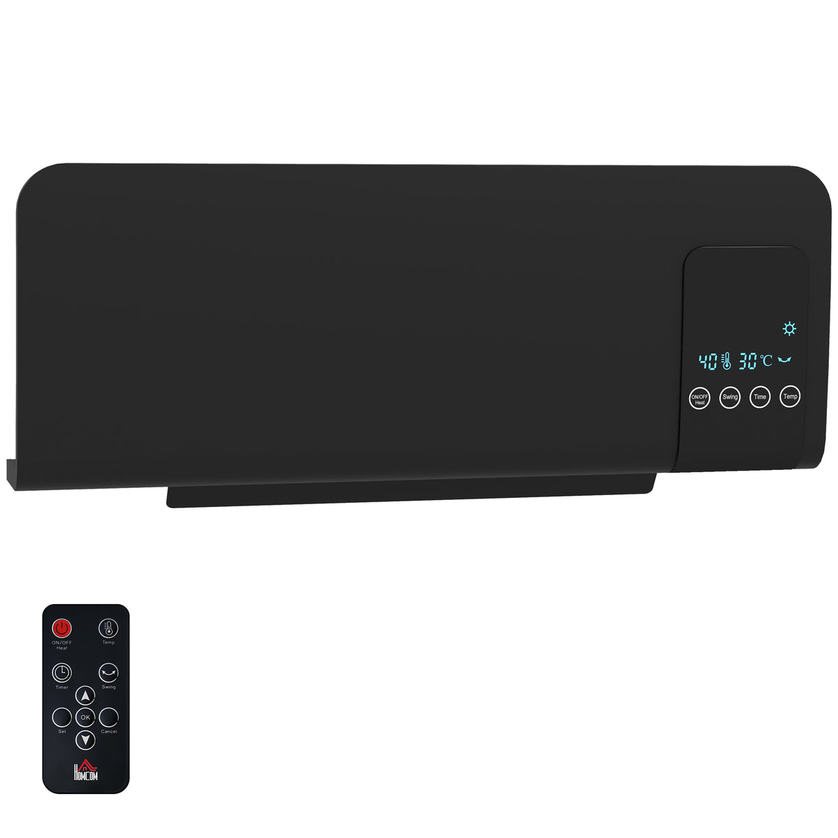 Calefactor eléctrico de pared negro con pantalla LED sobre fondo blanco