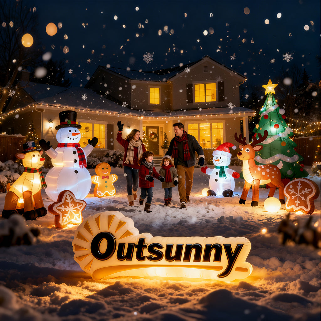 Jardín nevado decorado con figuras hinchables navideñas iluminadas de la marca Outsunny