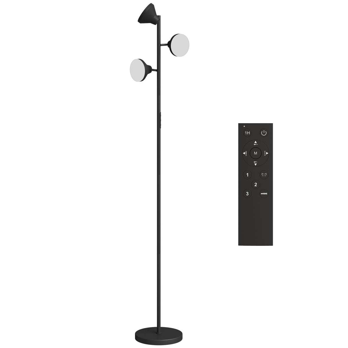 Lámpara de pie LED negra con 3 cabezas giratorias, luz blanca regulable y RGB