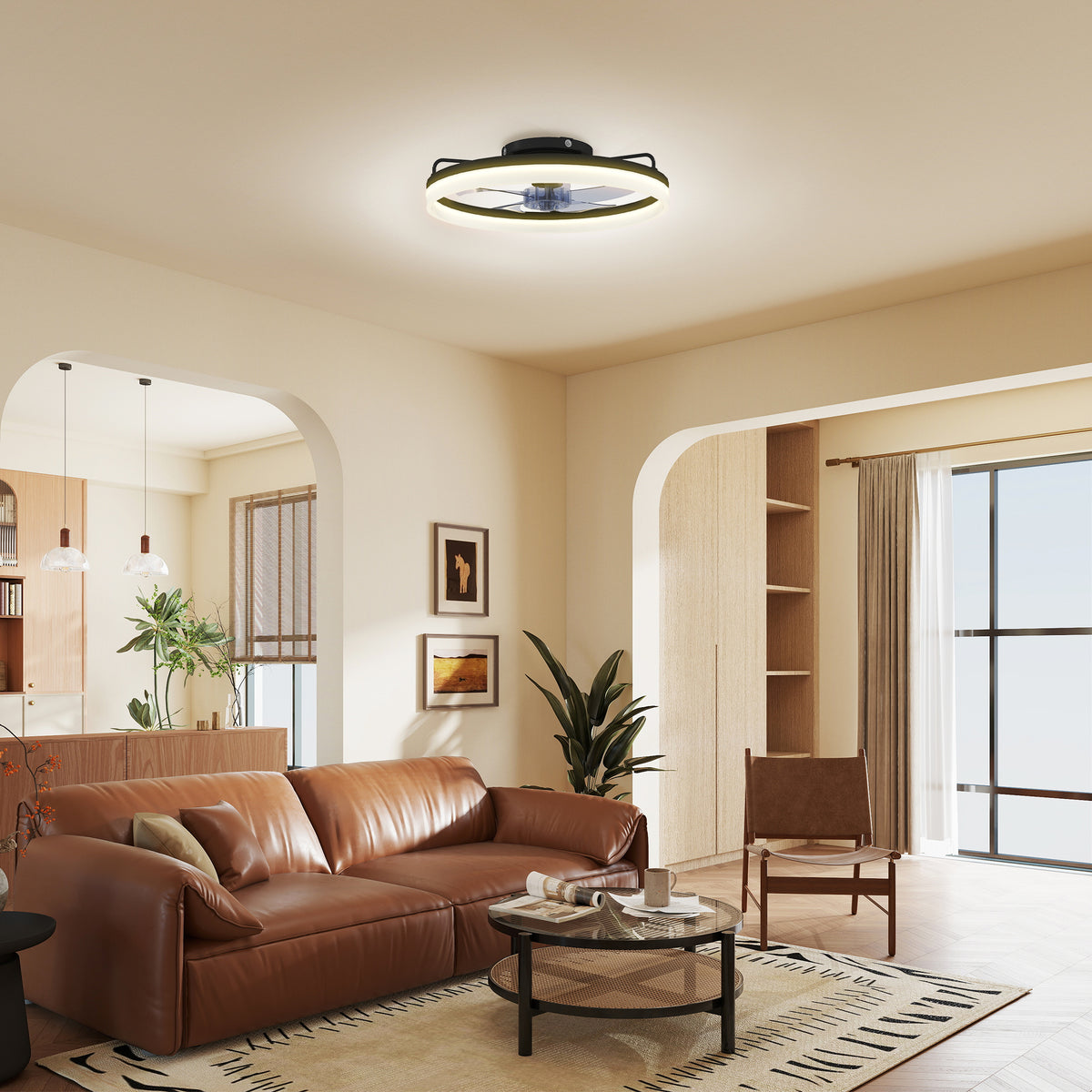 Ventilador de techo negro en un salón