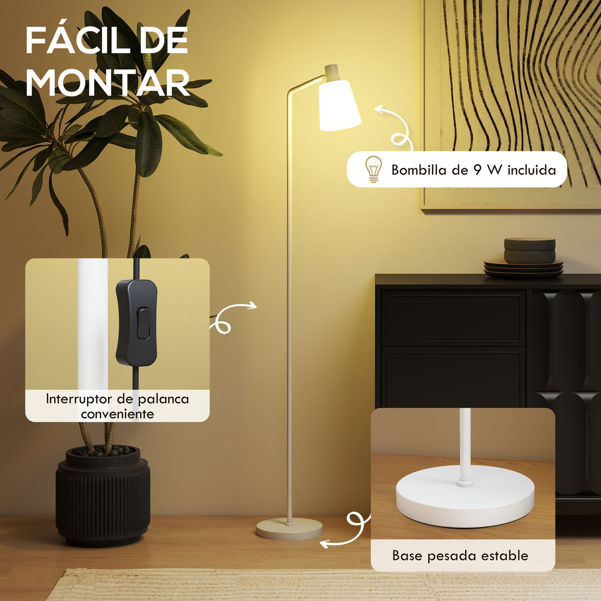 Lámpara de pie LED blanca con pantalla giratoria, vista 6