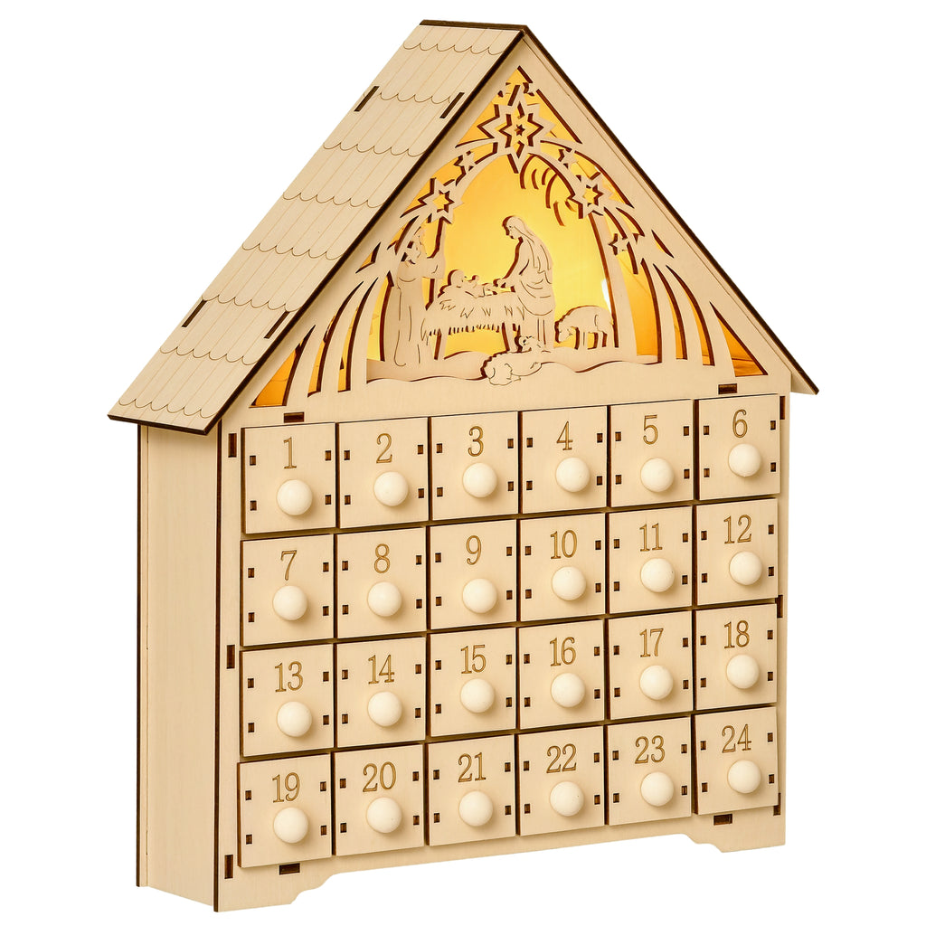 Calendario de Adviento de madera con forma de casita, belén iluminado y 24 cajones numerados, vista frontal
