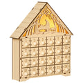 Calendario de Adviento de madera con forma de casita, belén iluminado y 24 cajones numerados, vista frontal