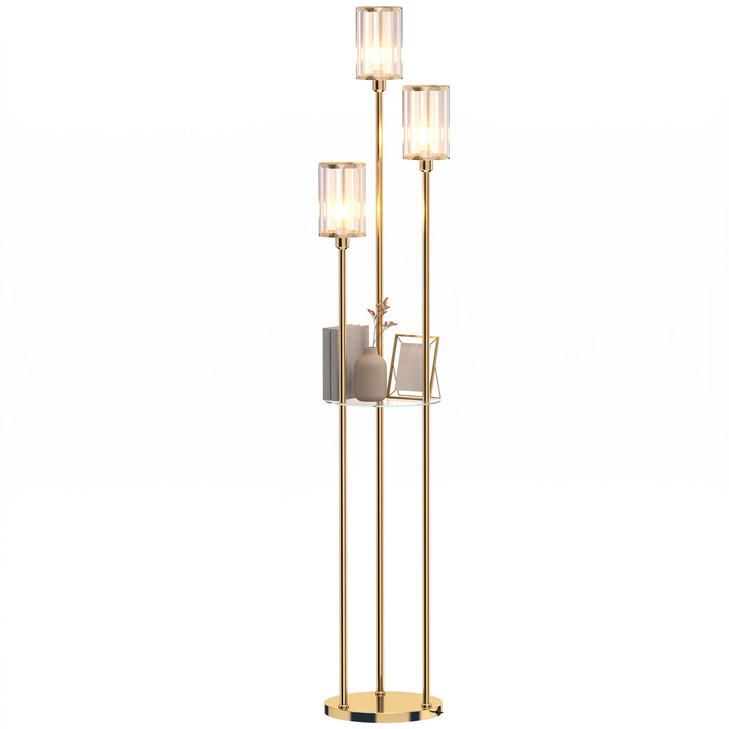 Lámpara de pie dorada de 3 luces con repisa de vidrio, vista 11