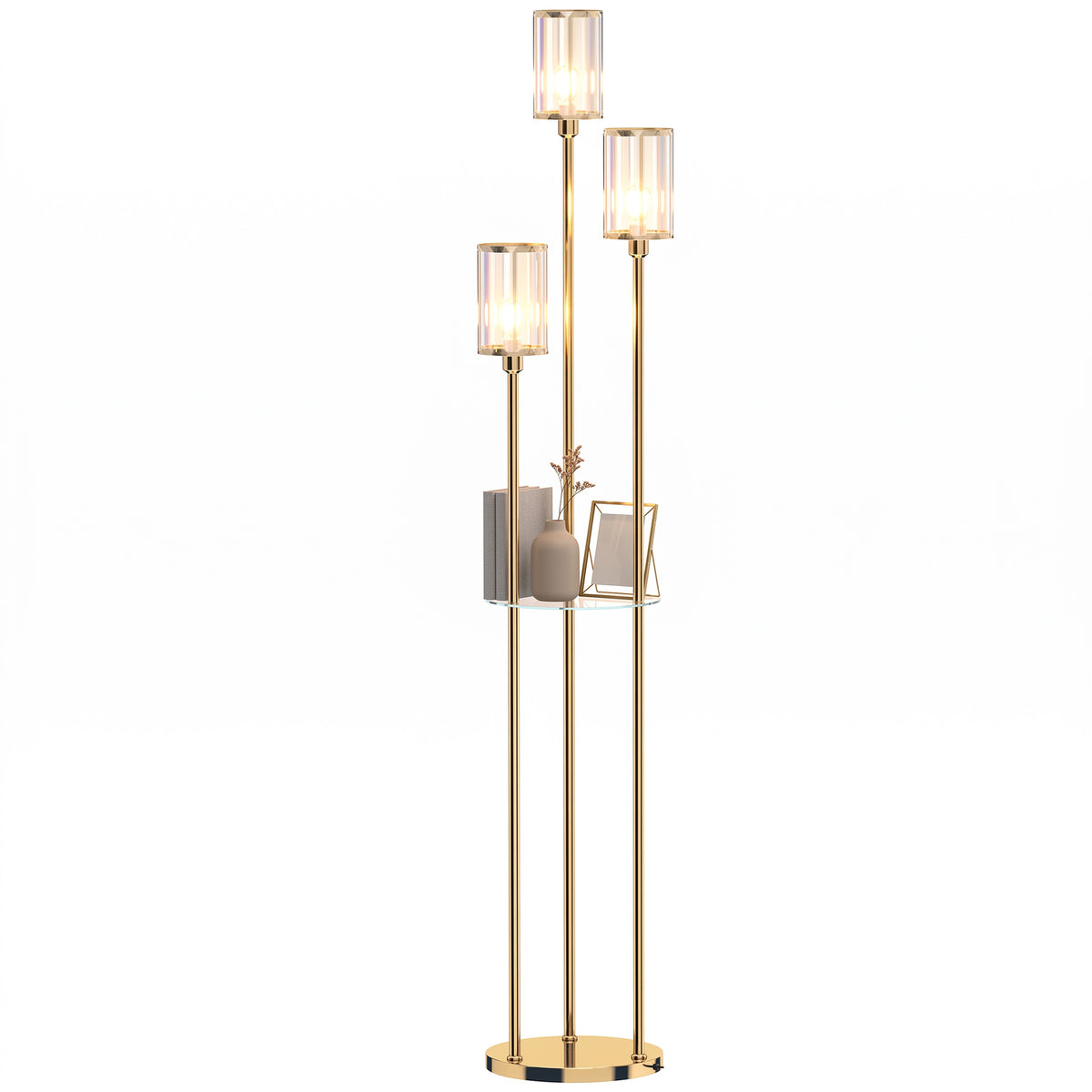 Lámpara de pie dorada de 3 luces con repisa de vidrio, vista 11