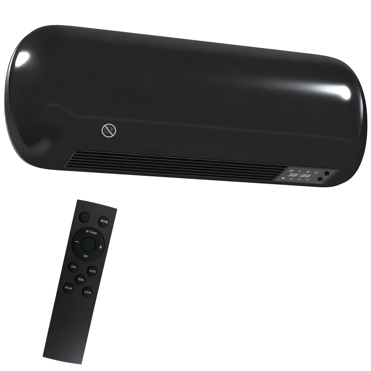 Calefactor de pared cerámico negro de 2000 W sobre fondo blanco
