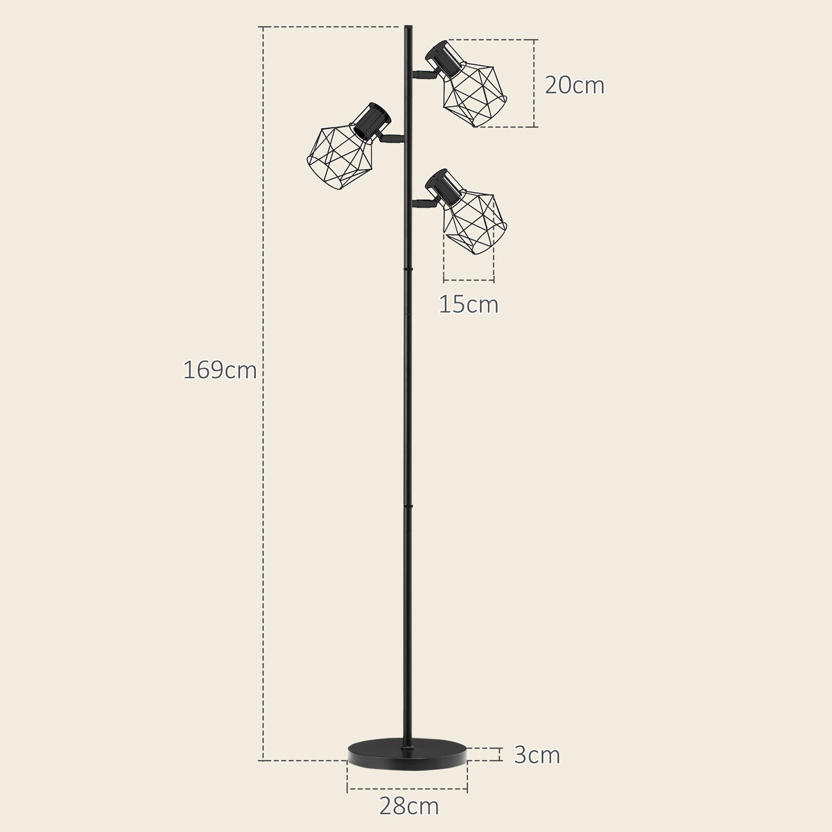 Medidas de la lámpara de pie: 169 cm de alto, base de 28 cm y focos de 15 × 20 cm