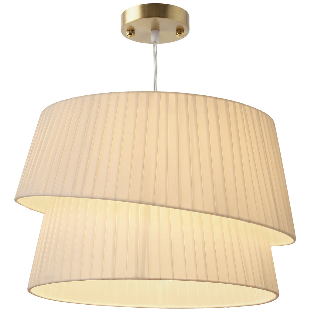 Lámpara colgante blanca con doble pantalla y base de techo dorada, vista 7