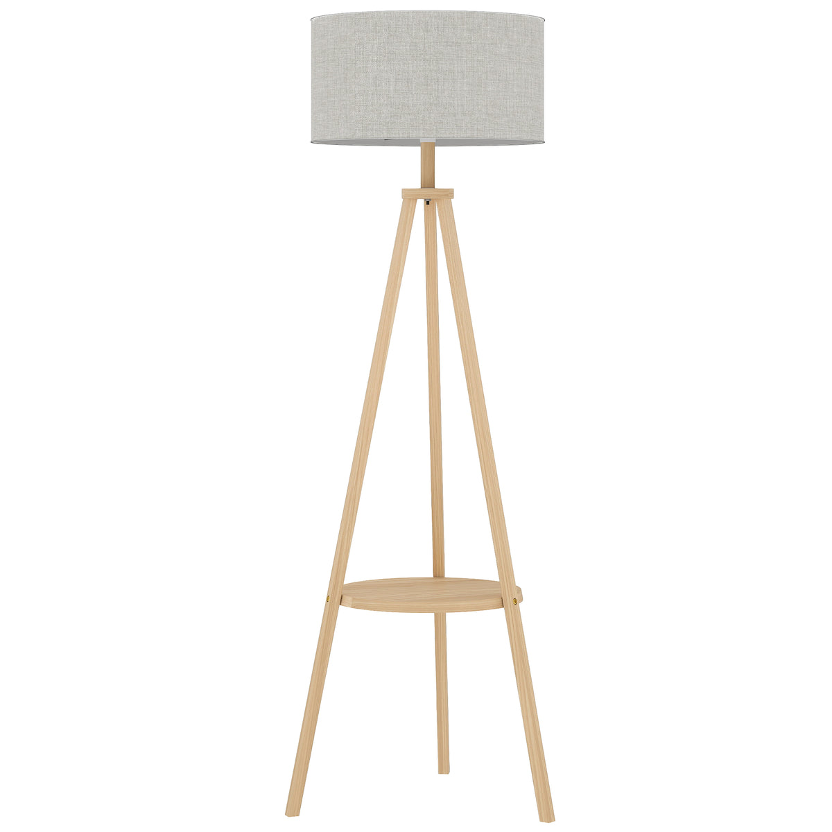 Lámpara de pie trípode de madera con pantalla de tela gris y estante