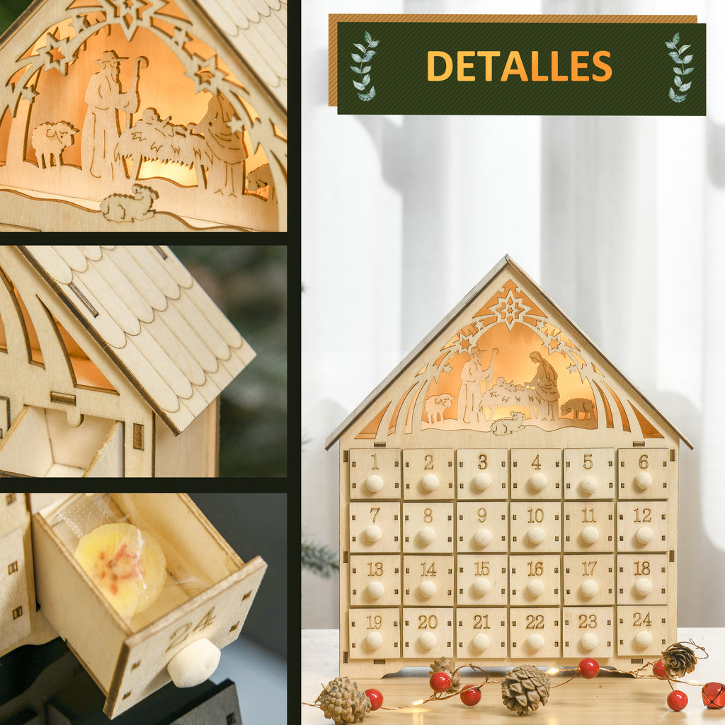 Detalles del calendario de Adviento de madera: cajones, tejado y belén