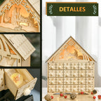 Detalles del calendario de Adviento de madera: cajones, tejado y belén