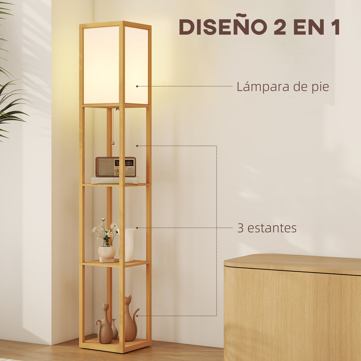 Estantería de 3 baldas bajo la pantalla de luz