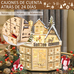 Escena de pueblo con casa, niños, ciervos y farola