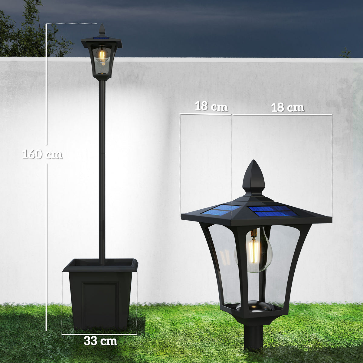 Medidas de la farola solar: 33 × 33 × 160 cm