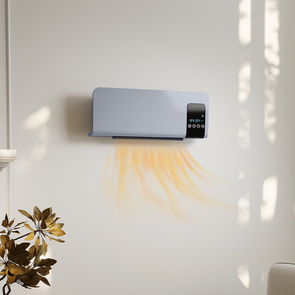 Calefactor de pared gris en un dormitorio