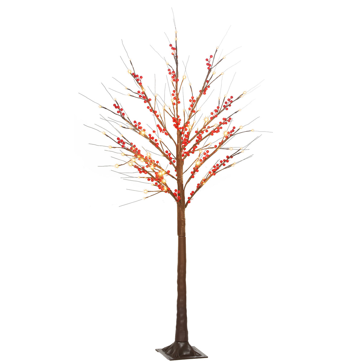 Árbol de abedul artificial de 150 cm con bayas rojas y 96 luces LED sobre fondo blanco