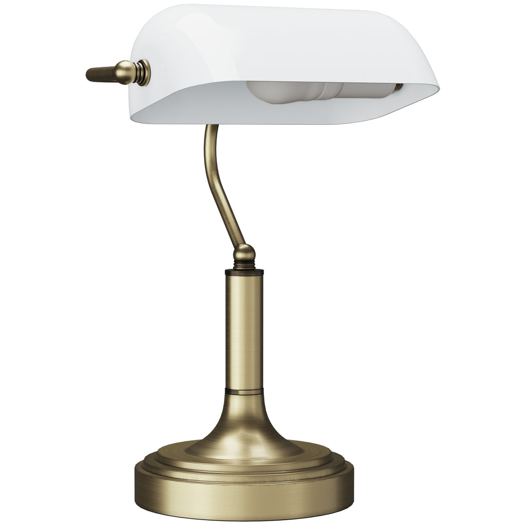Lámpara de escritorio estilo banquero blanca y cobre sobre fondo blanco