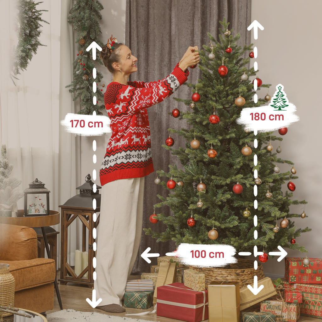 Medidas del abeto de Navidad: 180 cm de alto y 100 cm de diámetro, junto a una persona de 170 cm