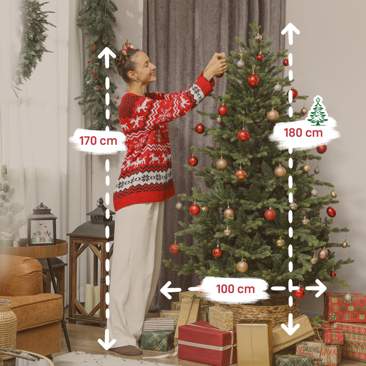 Medidas del abeto de Navidad: 180 cm de alto y 100 cm de diámetro, junto a una persona de 170 cm