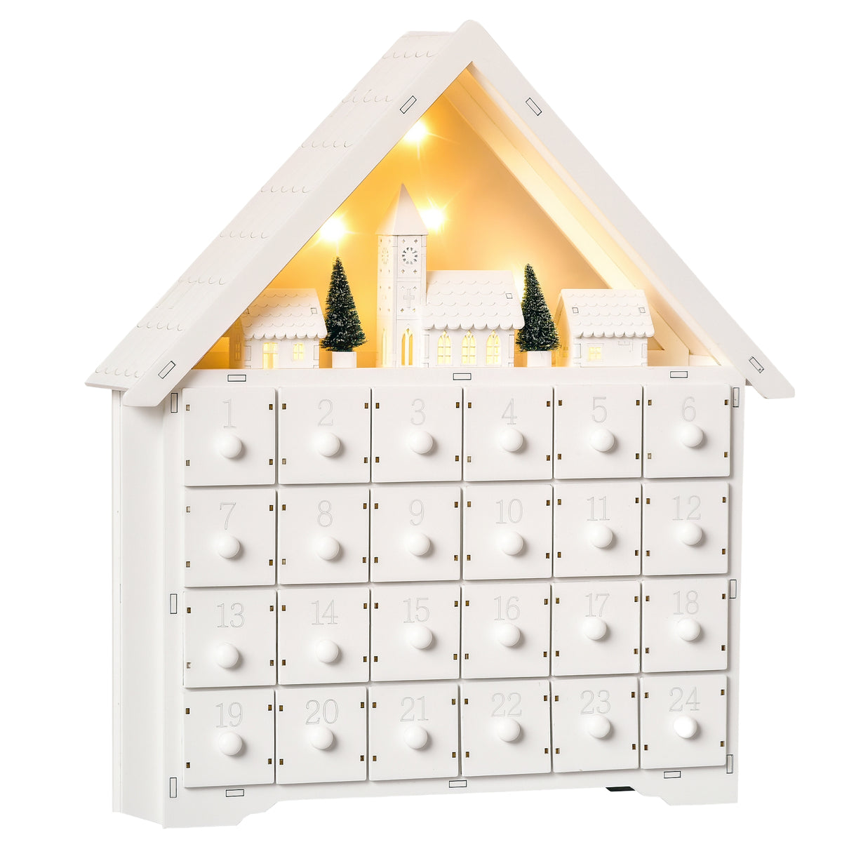 Calendario de Adviento de madera blanco en forma de casita con 24 cajones