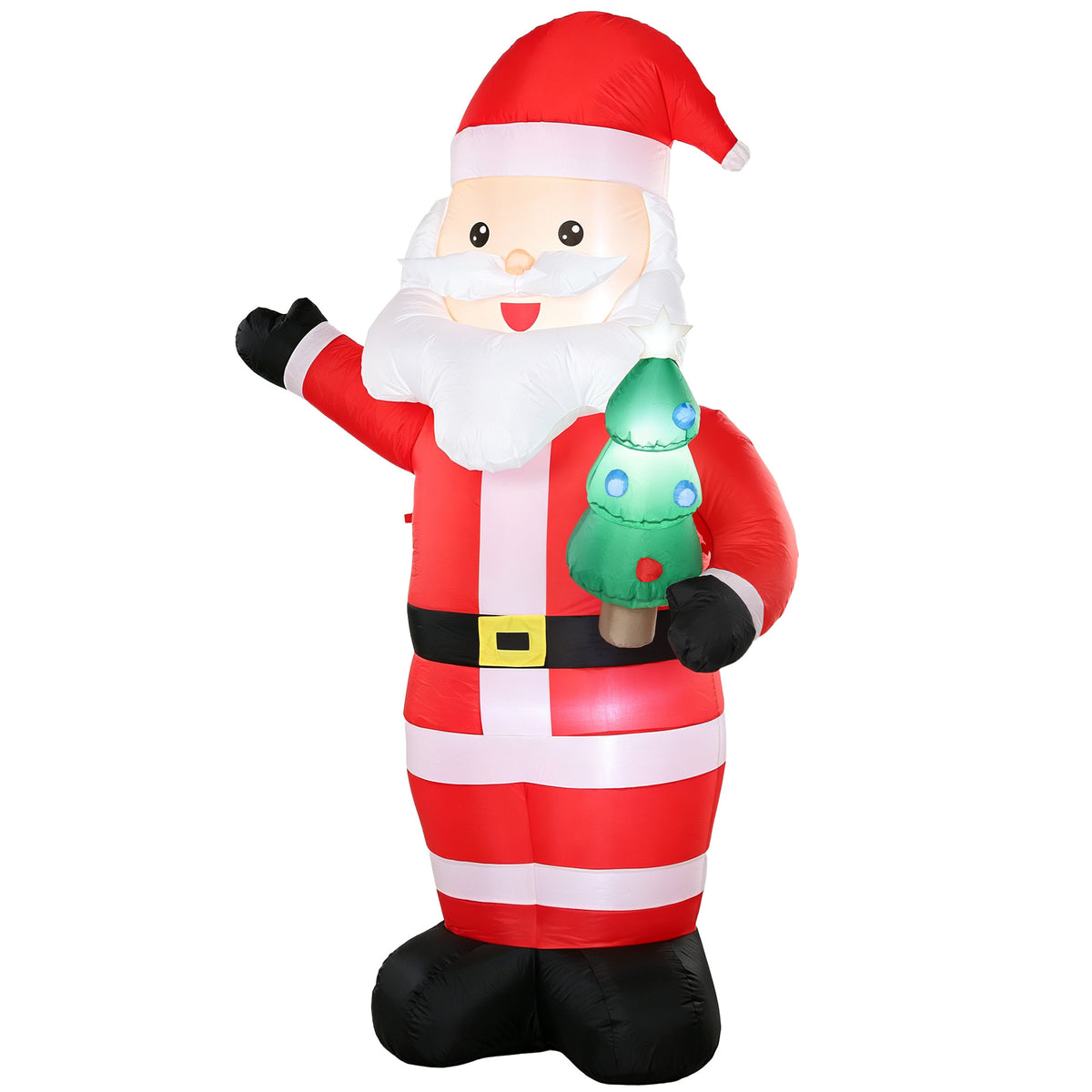 Papá Noel hinchable de 243 cm con un árbol de Navidad en la mano, vista frontal sobre fondo blanco