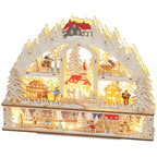 Pueblo navideño de madera iluminado, vista en perspectiva sobre fondo blanco
