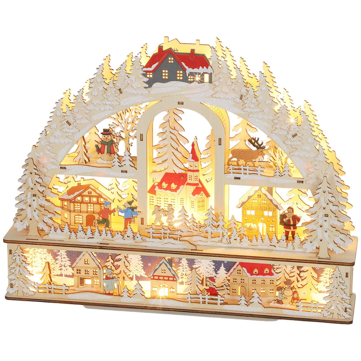 Pueblo navideño de madera iluminado, vista en perspectiva sobre fondo blanco