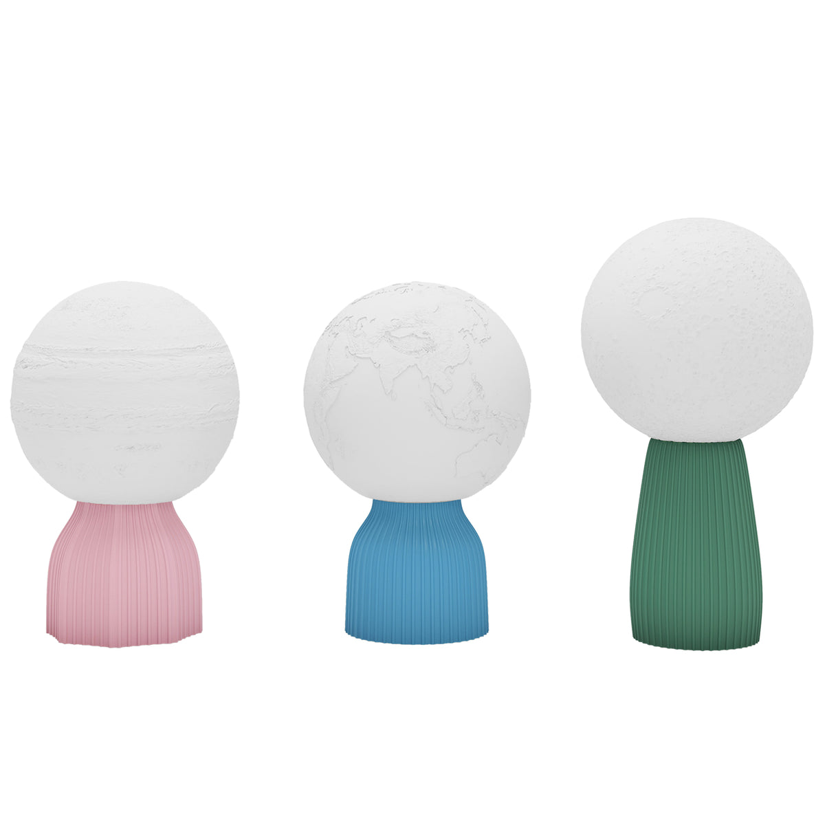 Juego de 3 lámparas de mesa 3D de la Luna, la Tierra y Saturno sobre fondo blanco