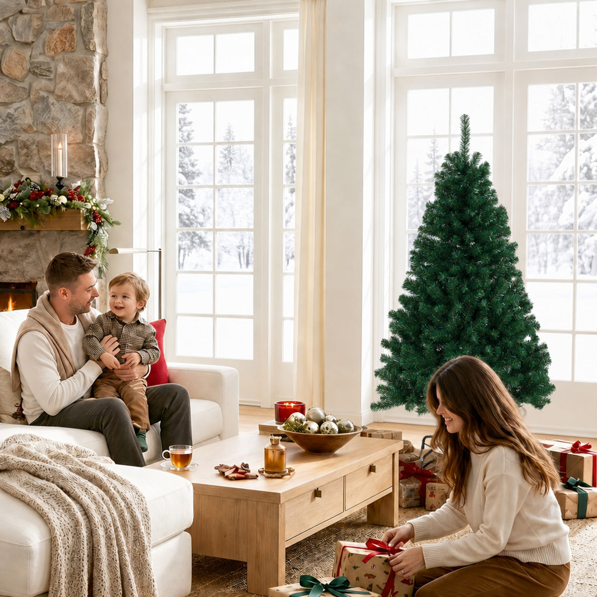 Abeto de Navidad junto a un sofá y una mesa con adornos y una persona abriendo regalos