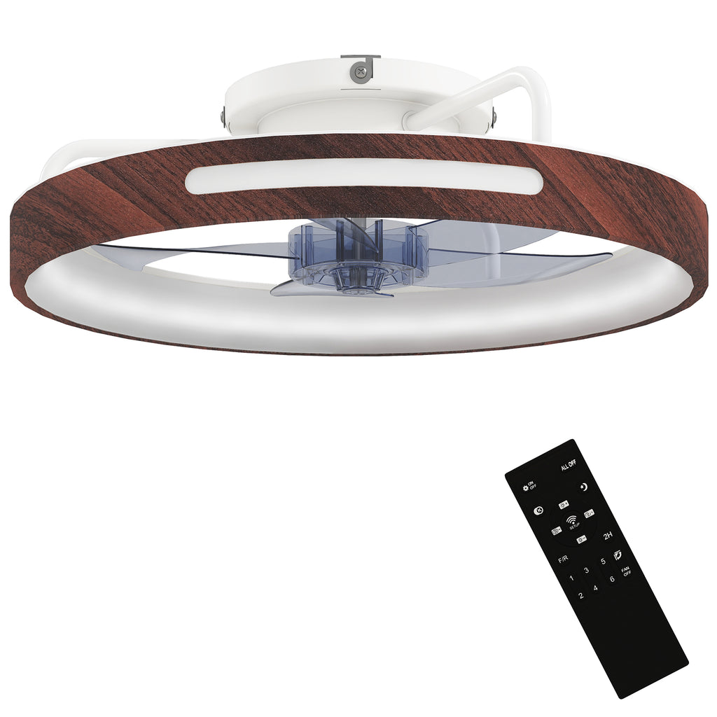 Ventilador de techo con luz LED y pantalla en tono teca sobre fondo blanco