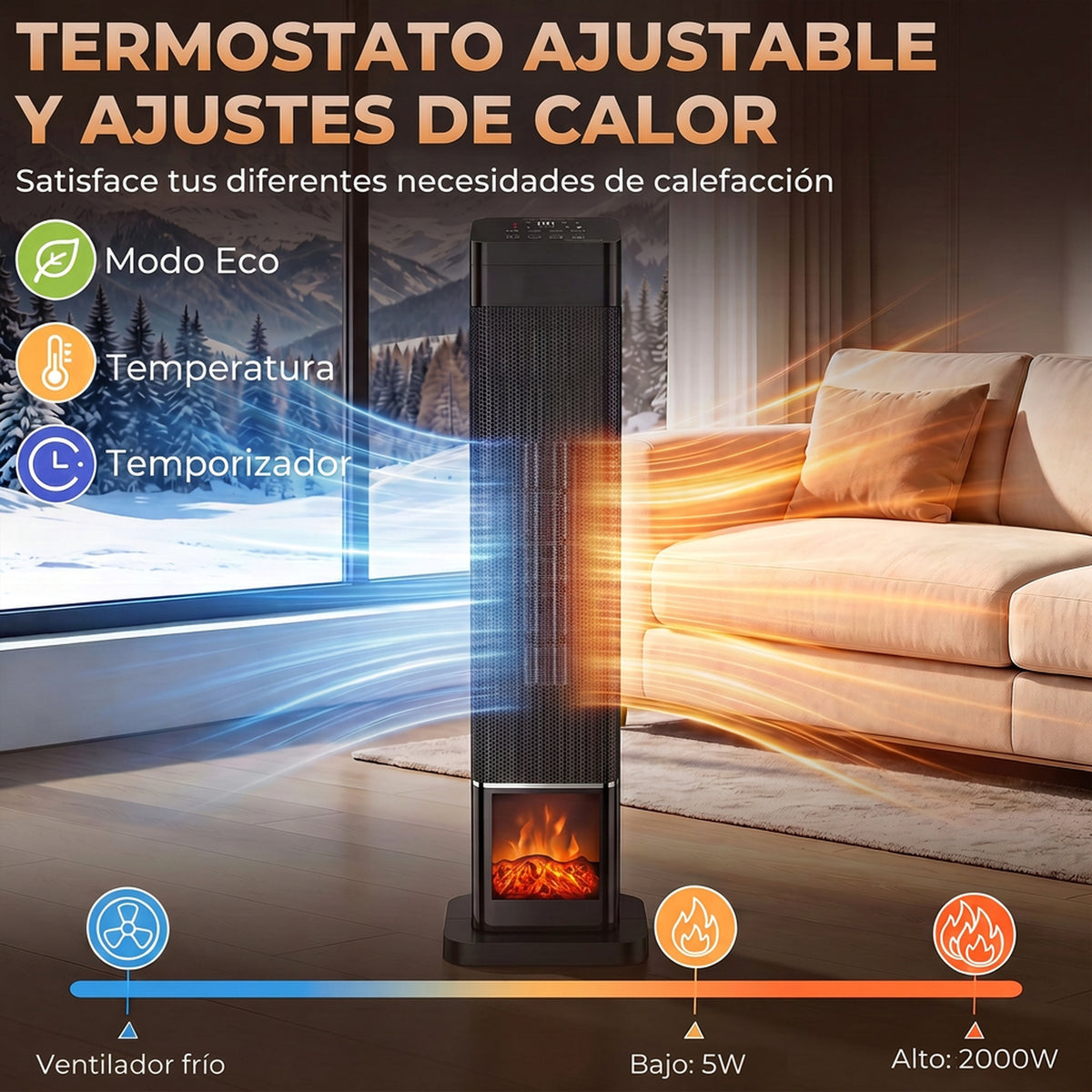 Oscilación de 70° y termostato inteligente